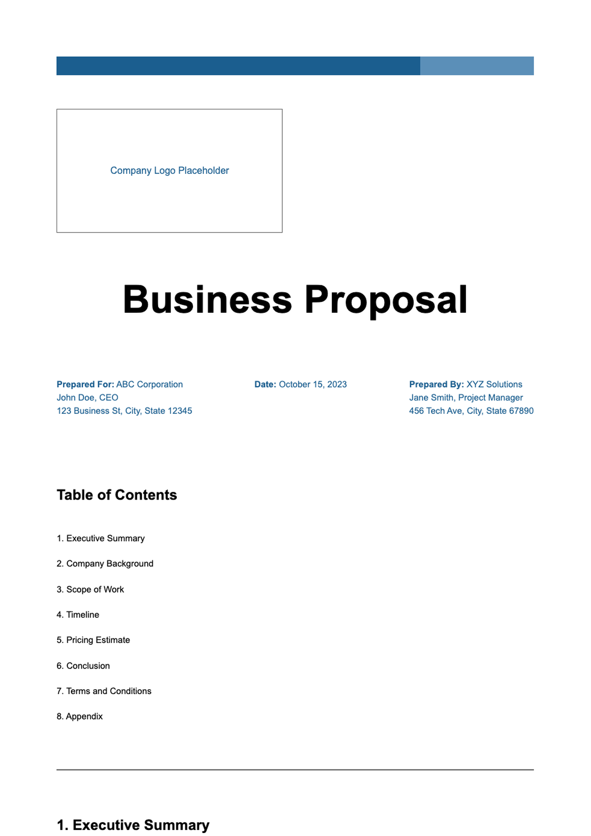 Professional sales business proposal template with table of contents and placeholder fields_variant_3